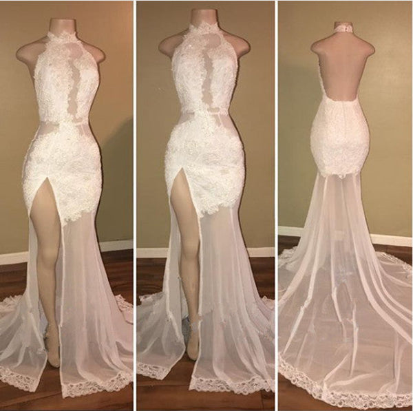 Shop the Elegant White Lace Halter Prom Party GownsMermaid Backless Party Dress With Slit today at Ballbella, free shipping & free customizing, 1000+ styles to choose from, shop now.
