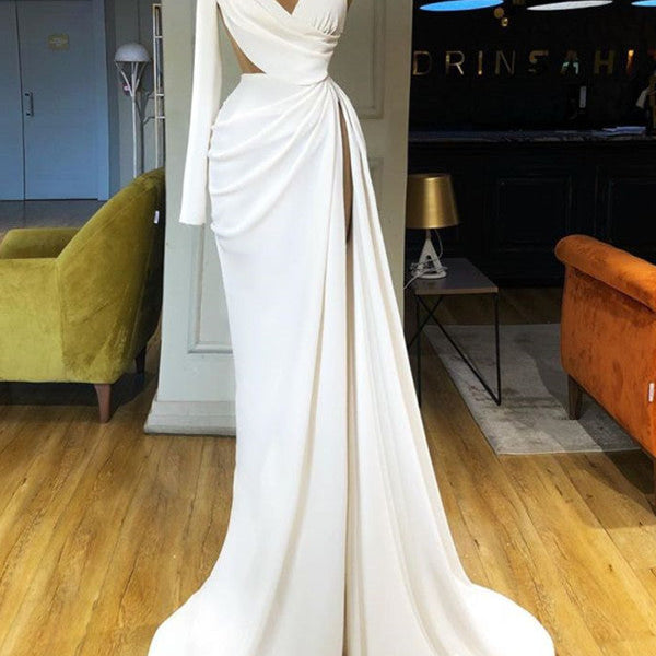 Elegant White Long Sleeve One Shoulder Prom Dress With Split