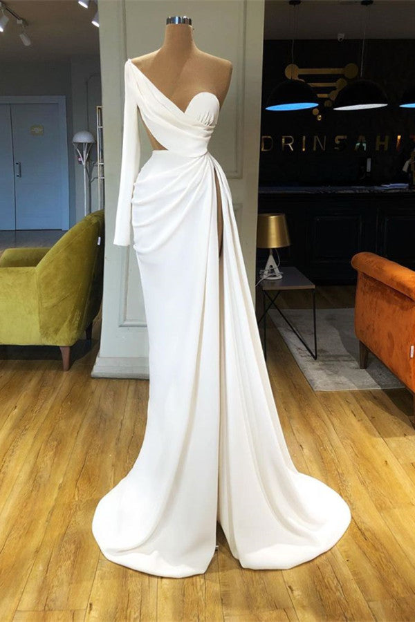 Elegant White Long Sleeve One Shoulder Prom Dress With Split-Ballbella