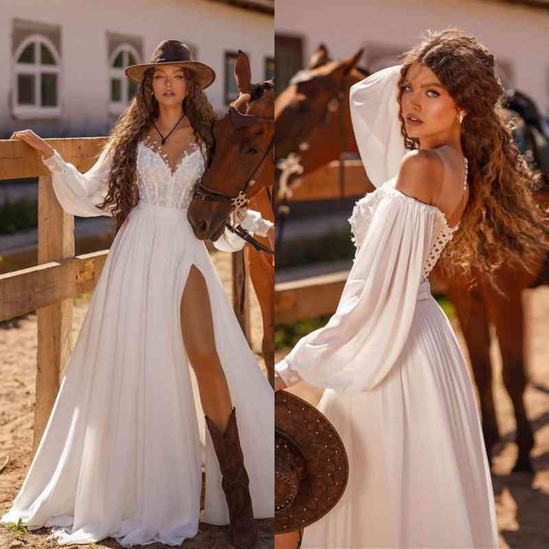 Elegant White Long Sleeves Prom Dress Slit Long With Lace Appliques-Ballbella