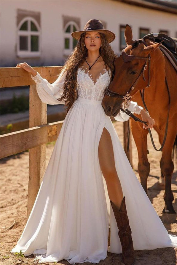 Elegant White Long Sleeves Prom Dress Slit Long With Lace Appliques-Ballbella