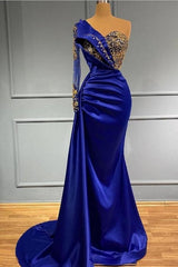 Elgeant Royal Blue One Shoulder Mermaid Prom Dresses with Sleeves-Ballbella