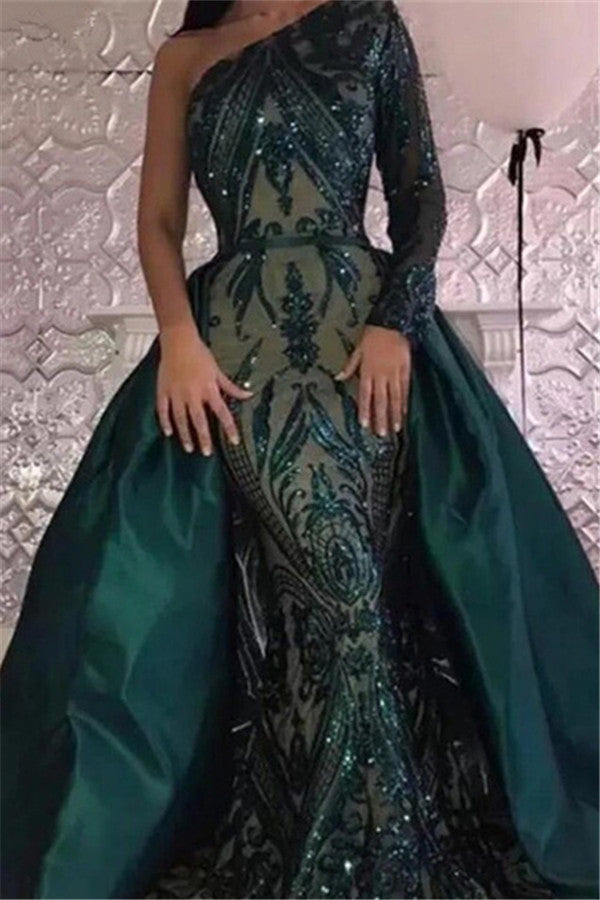 Wanna Prom Dresses and Evening Dresses in long sleeves Mermaid style,  and delicate Sequins work? Ballbella has all covered on this elegant Emerald green One Shoulder Sequins Evening Dresses with Overskirt with top quality yet cheap price.
