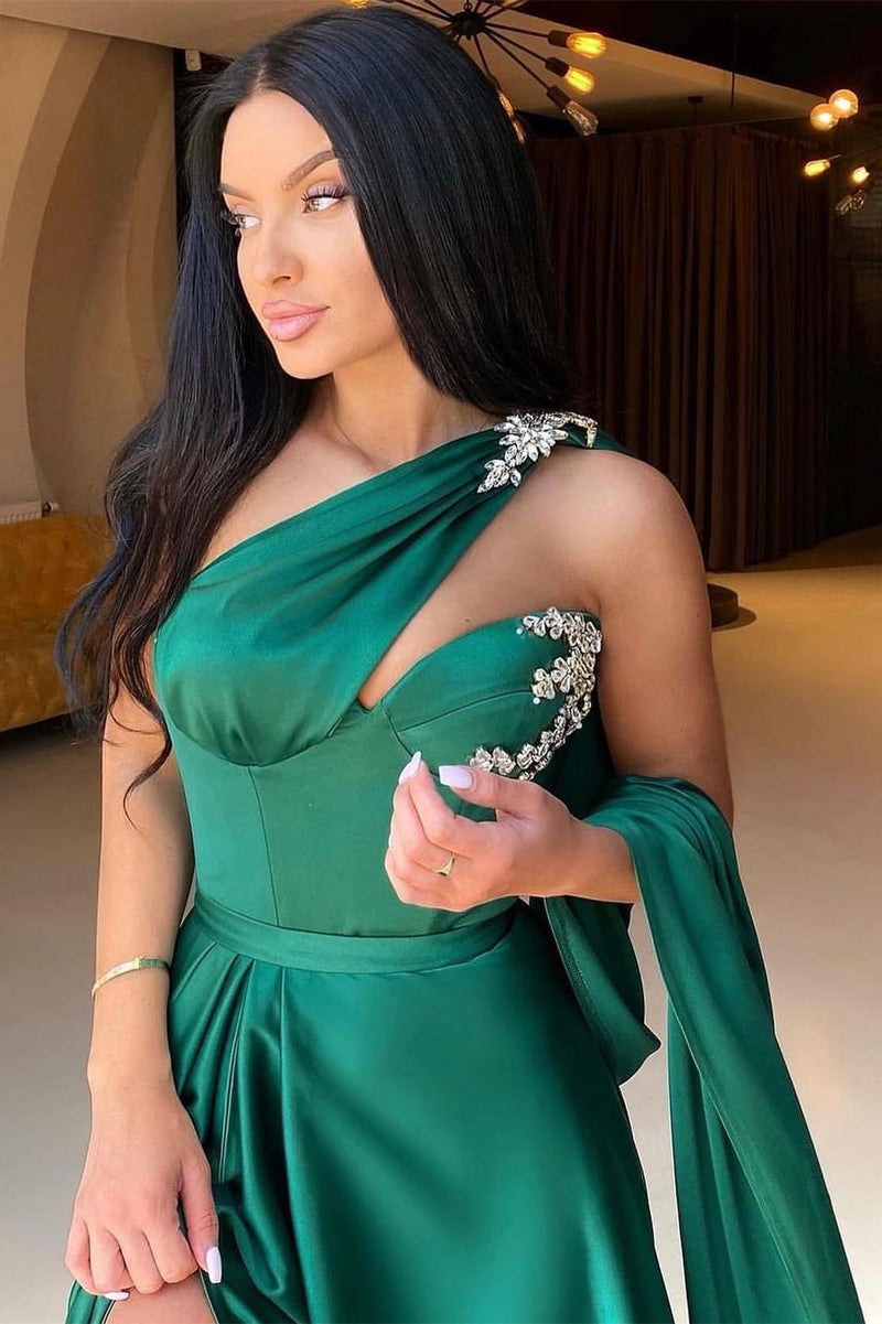Emerald Green One Shoulder Evening Dress Long With Split Beads-Ballbella