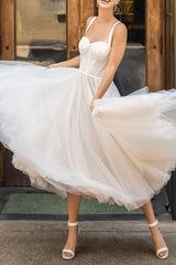 Exclusive White Wedding Dresses T-Length A-Line Sweetheart Pearls Spaghetti Straps Tea Length Bridal Dress-Ballbella
