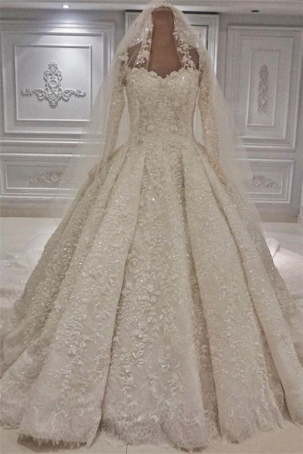 Expensive Lace Appliques Long Sleevess Ball Gown Wedding Dress-Ballbella