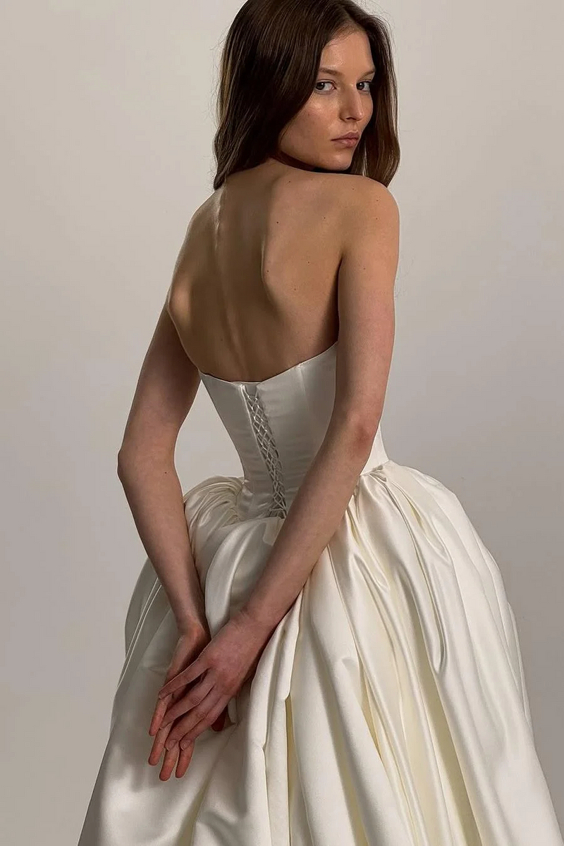 Exquisite Ivory Satin Sleeveless Strapless Long Wedding Dress with Ruf Ballbella Exquisite Ivory Satin Sleeveless Strapless Long Wedding Dress with Ruf Ballbella