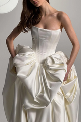 Exquisite Ivory Satin Sleeveless Strapless Long Wedding Dress with Ruffles-Ballbella