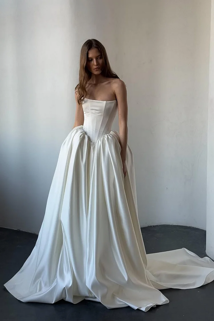 Exquisite Ivory Satin Sleeveless Strapless Long Wedding Dress with Ruffles Exquisite Ivory Satin Sleeveless Strapless Long Wedding Dress with Ruffles