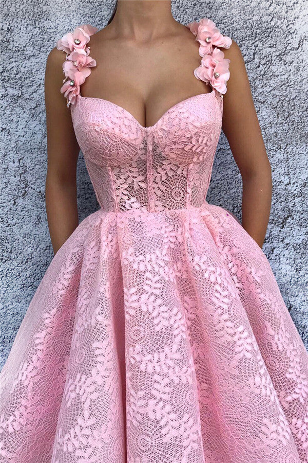 Discover your exquisite lace flower straps long prom dresses at Ballbella,  making you look glam in the prom party,  Exquisite Lace Sweetheart Pink Prom Party Gowns| Chic Flower Straps Sleeveless Long Prom Party Gowns available in full size range.