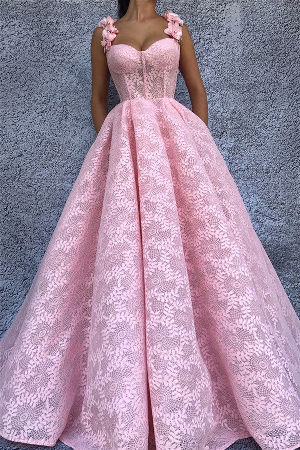 Discover your exquisite lace flower straps long prom dresses at Ballbella,  making you look glam in the prom party,  Exquisite Lace Sweetheart Pink Prom Party Gowns| Chic Flower Straps Sleeveless Long Prom Party Gowns available in full size range.