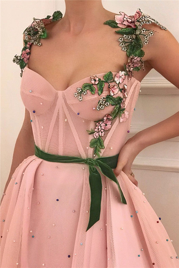 Exquisite Pink Tulle Burgundy See Through Bodice Sweetheart Sash Prom Dress with Pearls-Ballbella