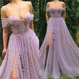 Easily attract others's attention with Ballbella exquisite pearls Off-the-Shoulder long prom dresses collection. Try on Exquisite Sweetheart Front Slit Long Affordable Tulle Pearls Off-the-Shoulder Prom Dress all in latest design with delicate details.