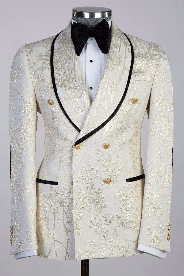 Off-White Shawl Lapel Double-Breasted Jacquard Prom Suit