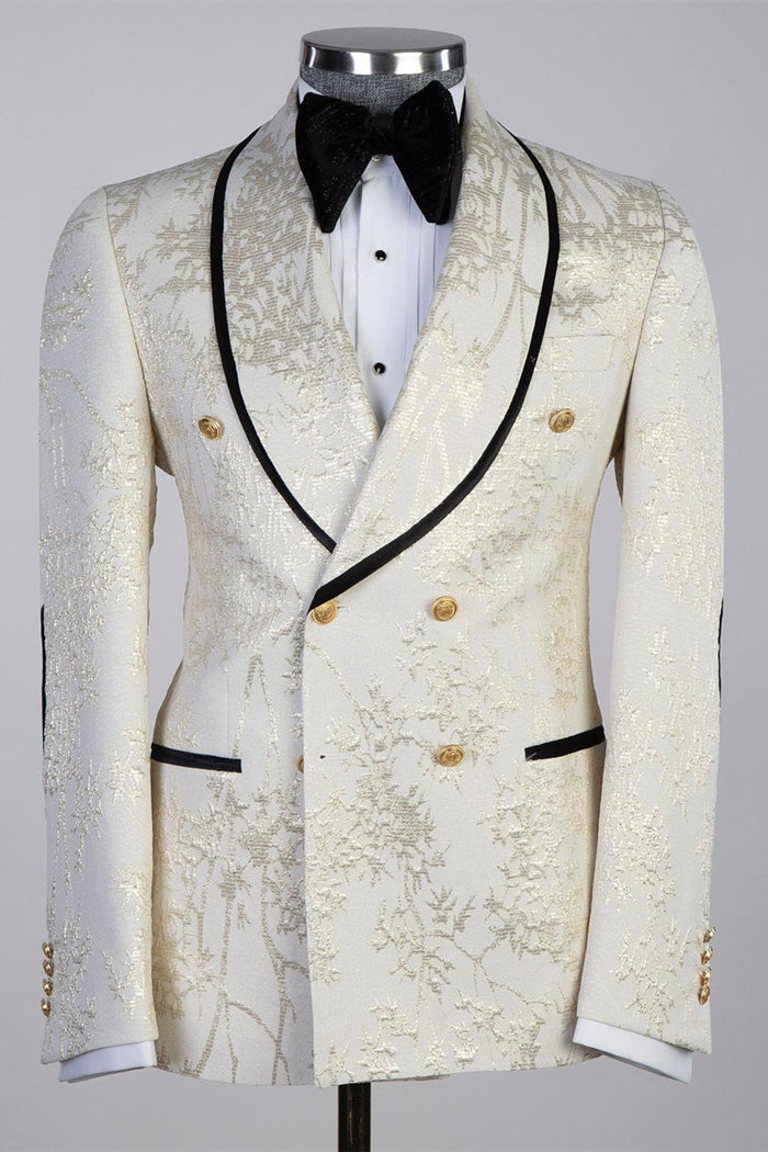 Off-White Shawl Lapel Double-Breasted Jacquard Prom Suit