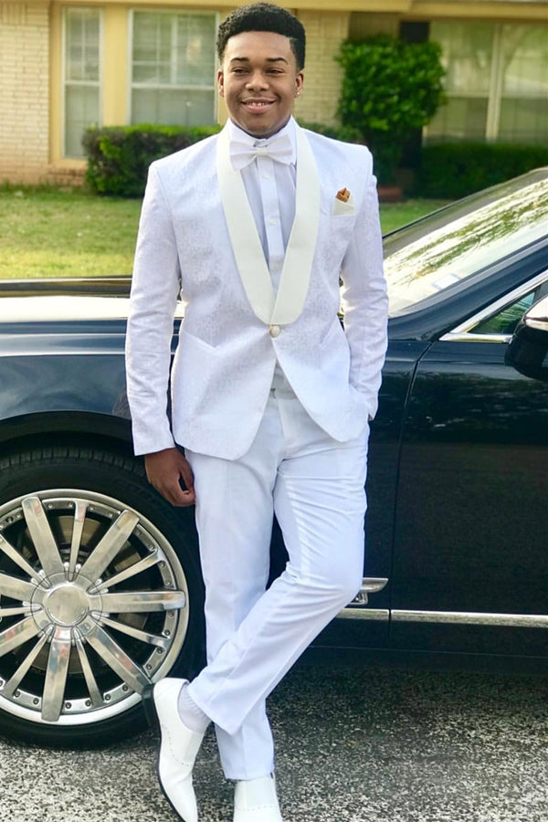 White Jacquard Prom Suit with Satin Shawl Lapel