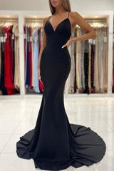 Fabulous Black Spaghetti Straps Mermaid Prom Dresses Long Party Dresses-Ballbella