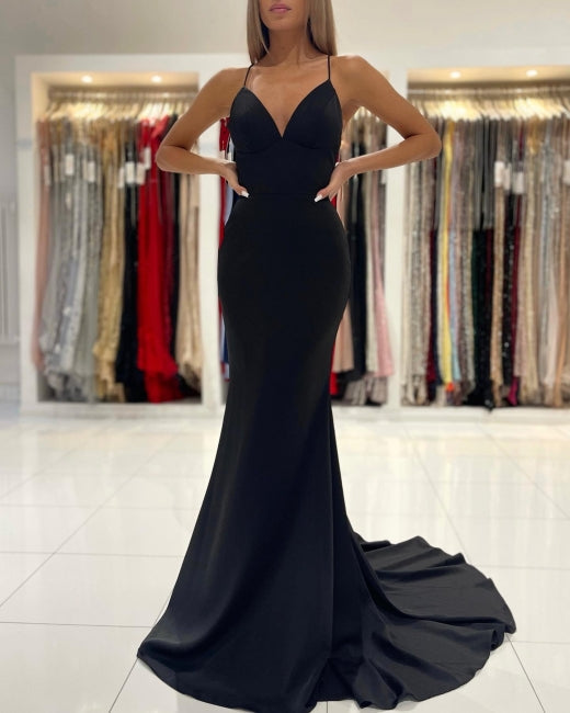 Fabulous Black Spaghetti Straps Mermaid Prom Dresses Long Party Dresses-Ballbella