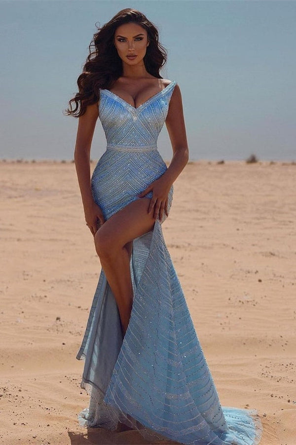 Fabulous Blue V-neck Sequins Mermaid Prom Dress Split-Ballbella
