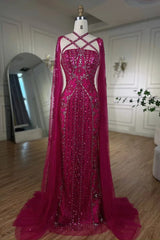 Fabulous Hot Pink Beadings Evening Dress Mermaid Long With Ruffle-Ballbella