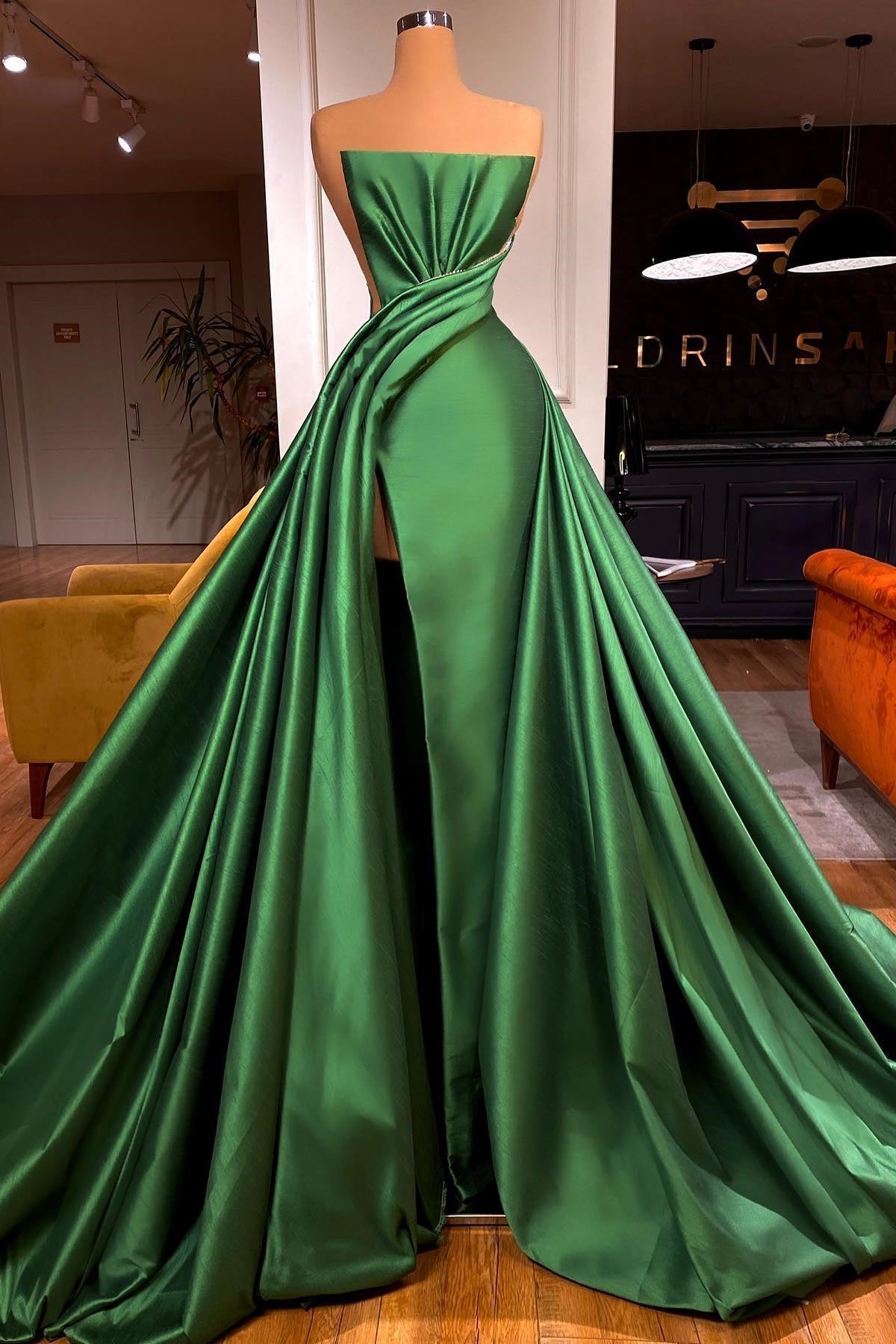 Elegant Strapless A-Line Green Prom Dress With Split