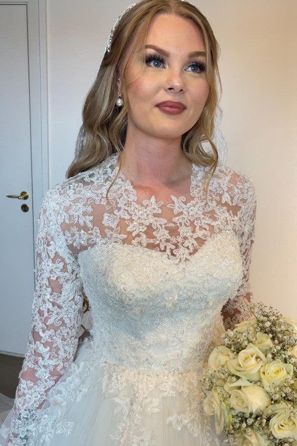 Fabulous Long Long Lace Wedding Dresses Online With Long Sleevess-Ballbella