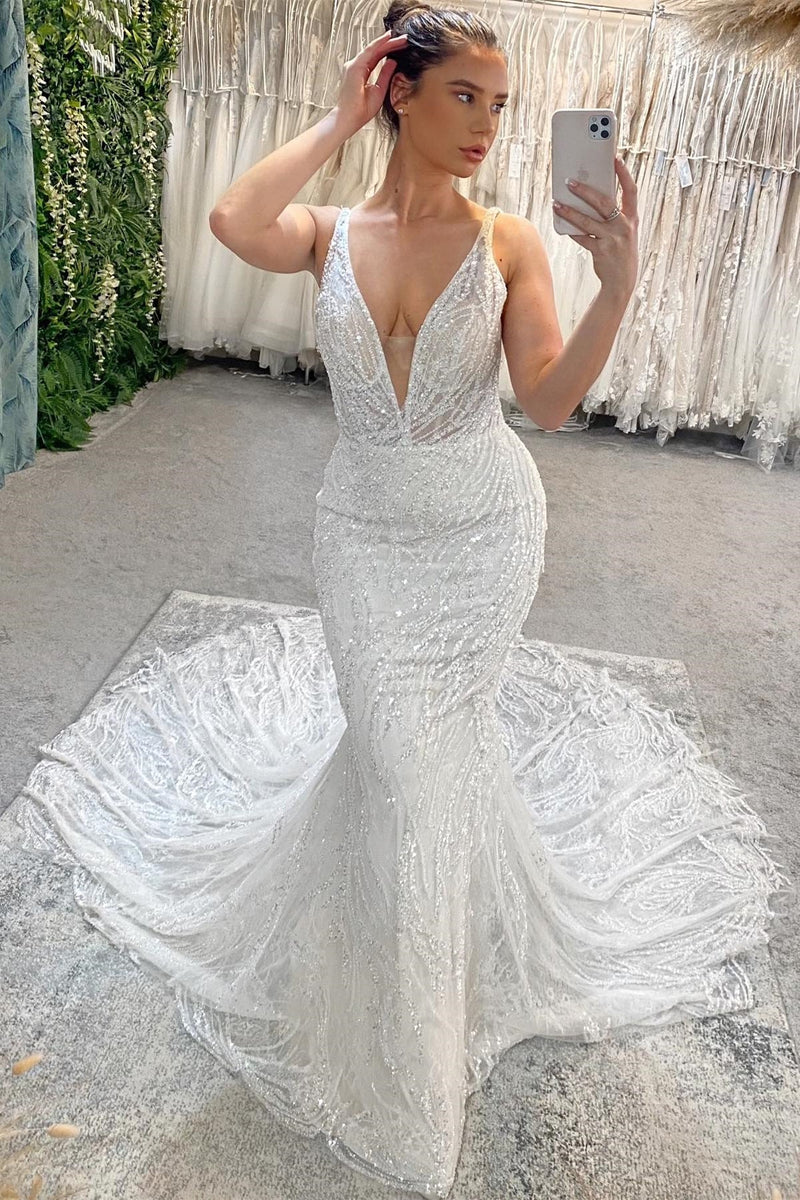Fabulous Long Mermaid V-neck Beading Sleeveless Backless Wedding Dress With Lace Fabulous Long Mermaid V-neck Beading Sleeveless Backless Wedding Dress With Lace