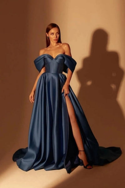 Navy Blue Off Shoulder Gown With Slit Fabulous Long Navy Blue A