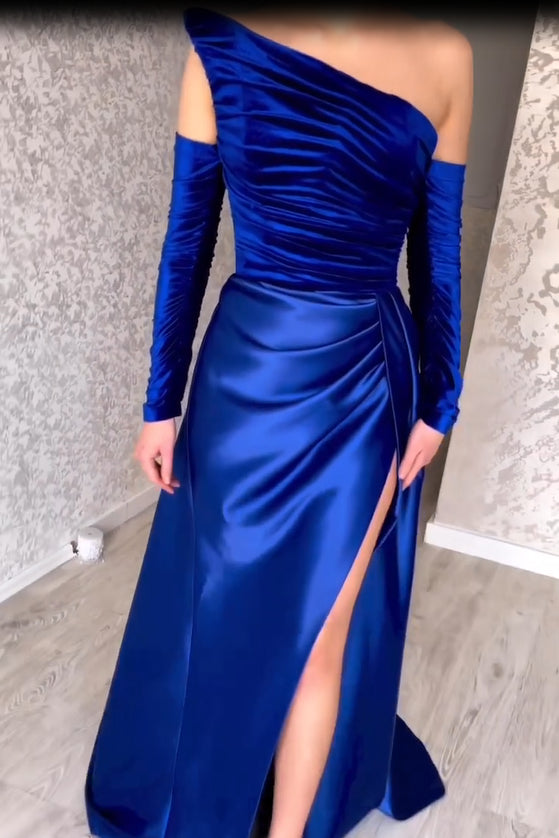 Fabulous Long Strapless A-Line Split Front Evening Prom Dresses With Long Sleeves-Ballbella