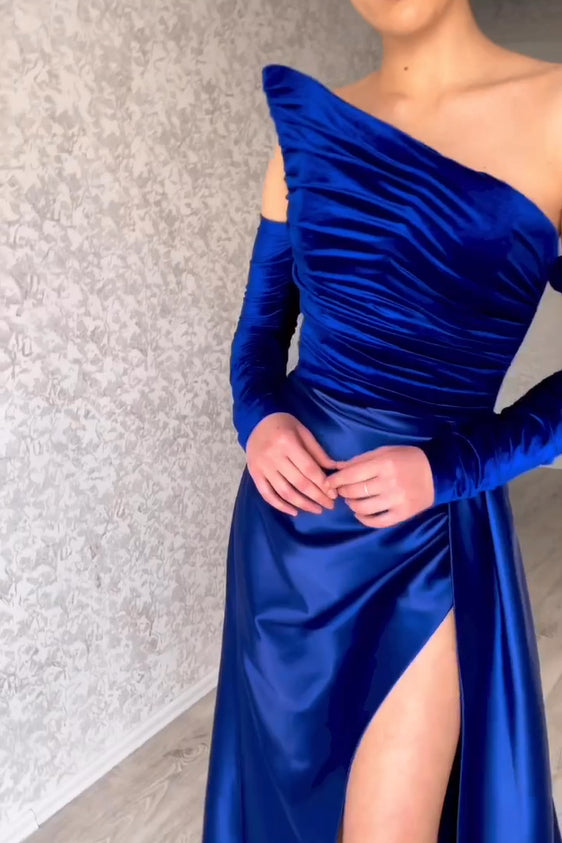 Fabulous Long Strapless A-Line Split Front Evening Prom Dresses With Long Sleeves-Ballbella