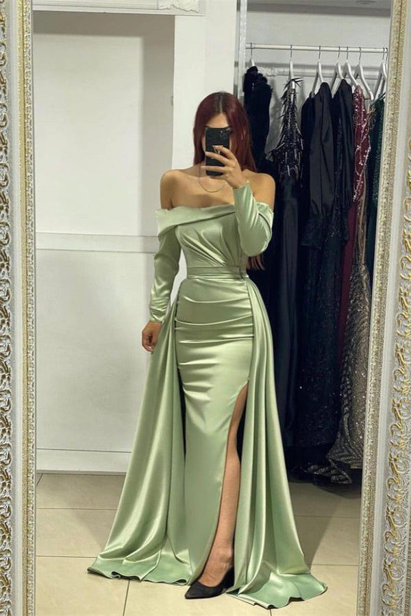 Fabulous Long Strapless Front Split Satin Mermaid Evening Prom Dresses With Long Sleeves-Ballbella
