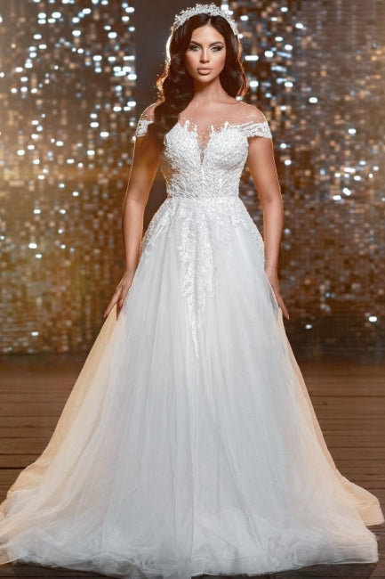 Fabulous Off-the-Shoulder Jewel Cap Sleeves Long Lace Wedding Dresses Online-Ballbella
