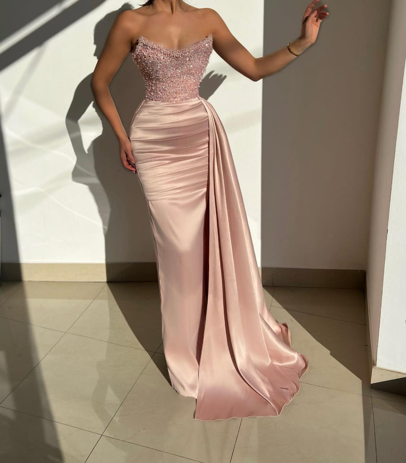 Fabulous Pink Strapless Sequined Satin Evening Prom Dresses with Ruffles-Ballbella