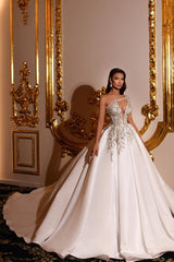 Fabulous Princess Long Long V-Neck One Shoulder Wedding Dresses Online-Ballbella