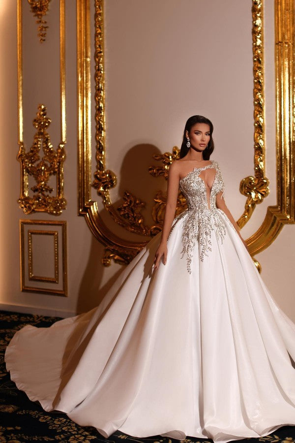 Fabulous Princess Long Long V-Neck One Shoulder Wedding Dresses Online-Ballbella