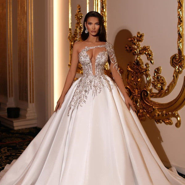 strapless open back dress Tulle Floor Length Dress One Shoulder 3D Flowers Embroidery main image 1