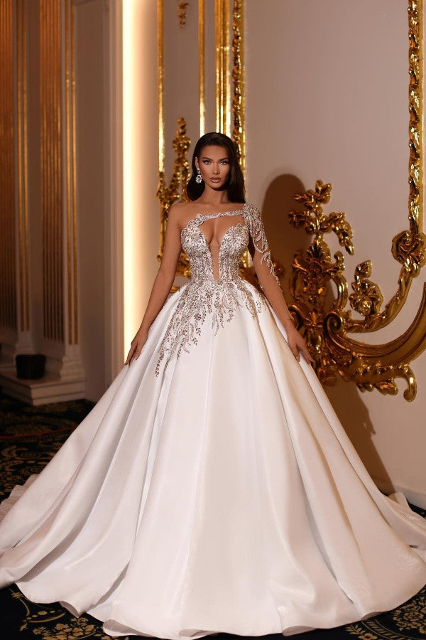 Fabulous Princess Long Long V-Neck One Shoulder Wedding Dresses Online-Ballbella