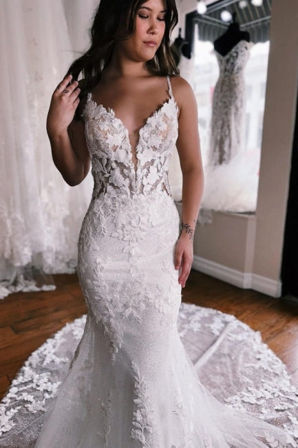spaghetti strap mermaid lace wedding dress Spaghetti Straps Mermaid White Lace Wedding Dress With Long Sleeve EWR SELINADRESS
