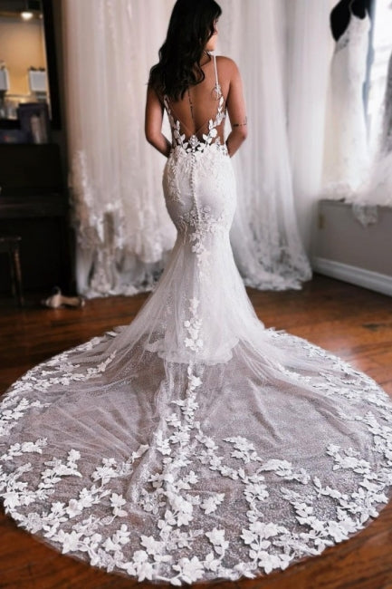 Fabulous Spaghetti-Straps Sleeveless Mermaid Lace Wedding Dresses Online-Ballbella