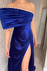 Fabulous Strapless Royal Blue Split From A-line Satin Evening Prom Dresses-Ballbella