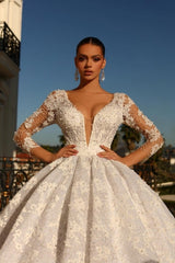 Fabulous Sweetheart Ball Gown Lace Wedding Dresses Online Crystals-Ballbella