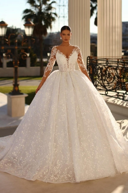 Fabulous Sweetheart Ball Gown Lace Wedding Dresses Online Crystals-Ballbella