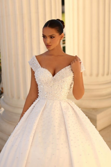 Fabulous Sweetheart Cap Sleeves Ball Gown Wedding Dresses Online Sequined-Ballbella