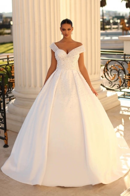 Fabulous Sweetheart Cap Sleeves Ball Gown Wedding Dresses Online Sequined-Ballbella