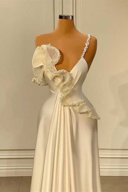 Fabulous White Satin Evening Prom Dresses with Ruffles-Ballbella