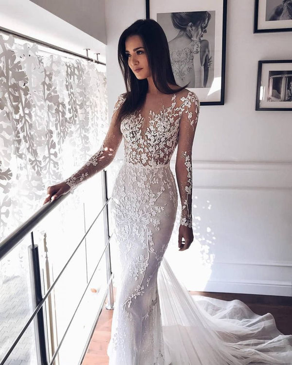 Ballbella offers Fall Long Sleevess Lace Mermaid Illusion neck White Wedding Dress at factory price from White,Ivory,Champagne,Black, Tulle,Lace to Column Floor-length hem.
