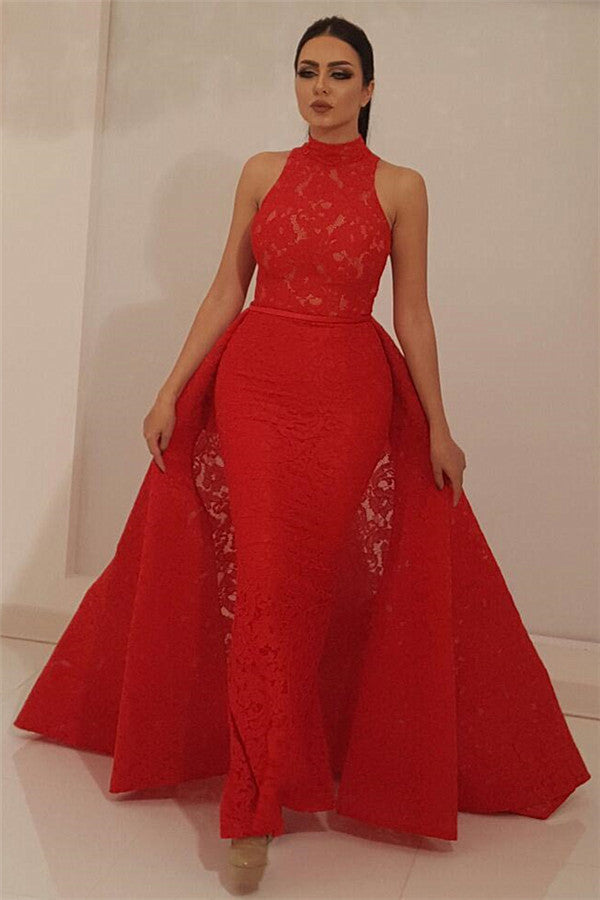Easily attract others's attention with Ballbella mermaid red lace prom dresses,  all in latest Fantastic High Neck Sleeveless Red Lace Prom Party Gowns| Chic Mermaid Long Prom Party Gowns with Detachable Skirt design with delicate details.