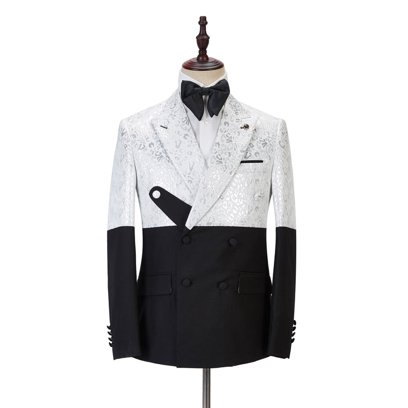 Fashion Black and White Jacquard Peaked Lapel Men Suits Online-Ballbella