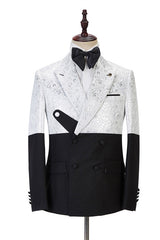 Fashion Black and White Jacquard Peaked Lapel Men Suits Online-Ballbella