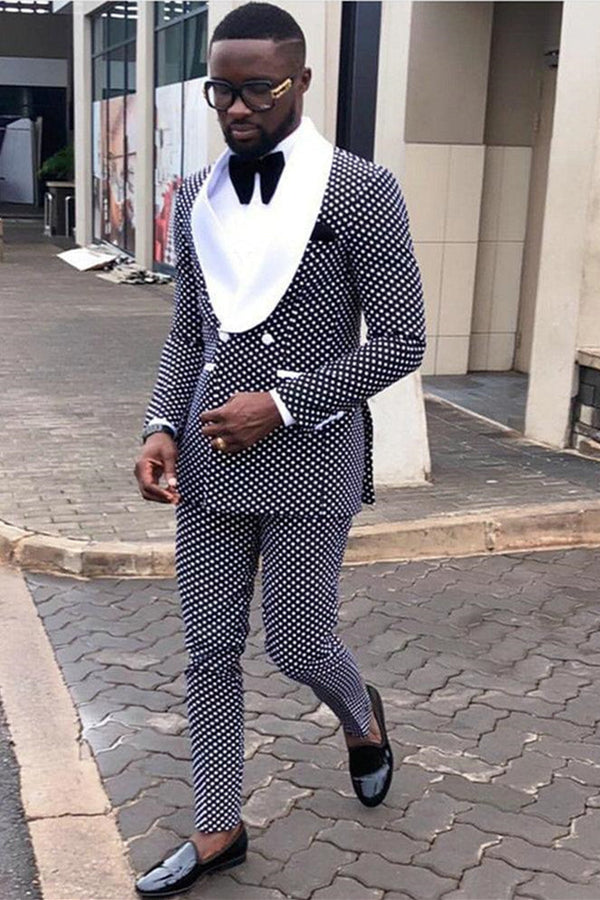 Fashion Black Dot Double Breasted Mens Suit Online with White Lapel-Ballbella